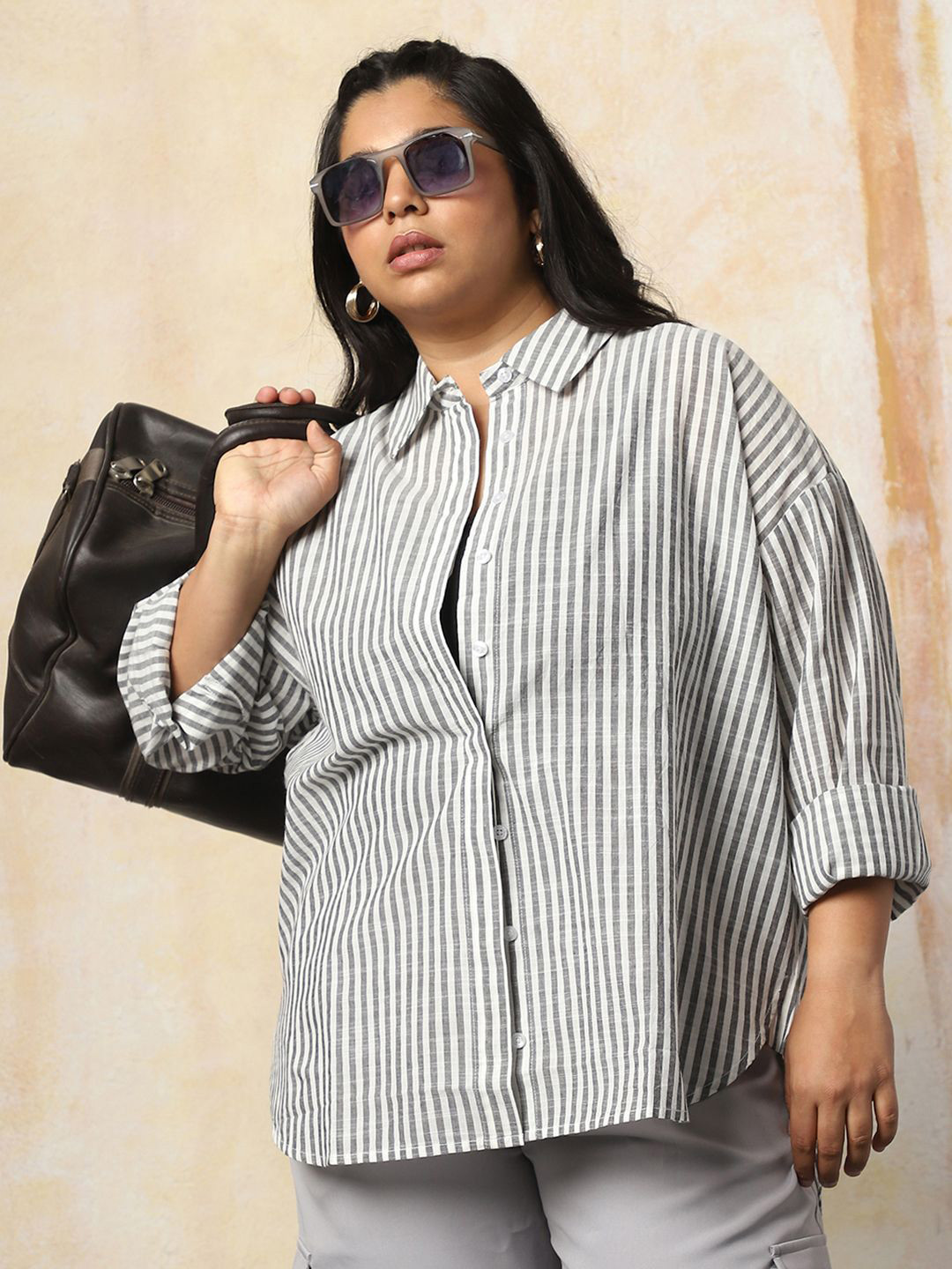 Freeform by High Star Women Oversized Fit Opaque Casual Cotton Striped Shirt