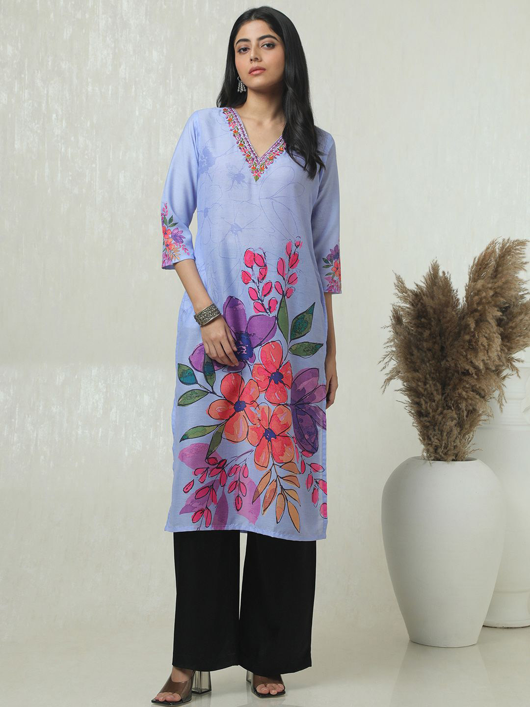 Soch Floral Printed V Neck Mirror Work Muslin Kurta