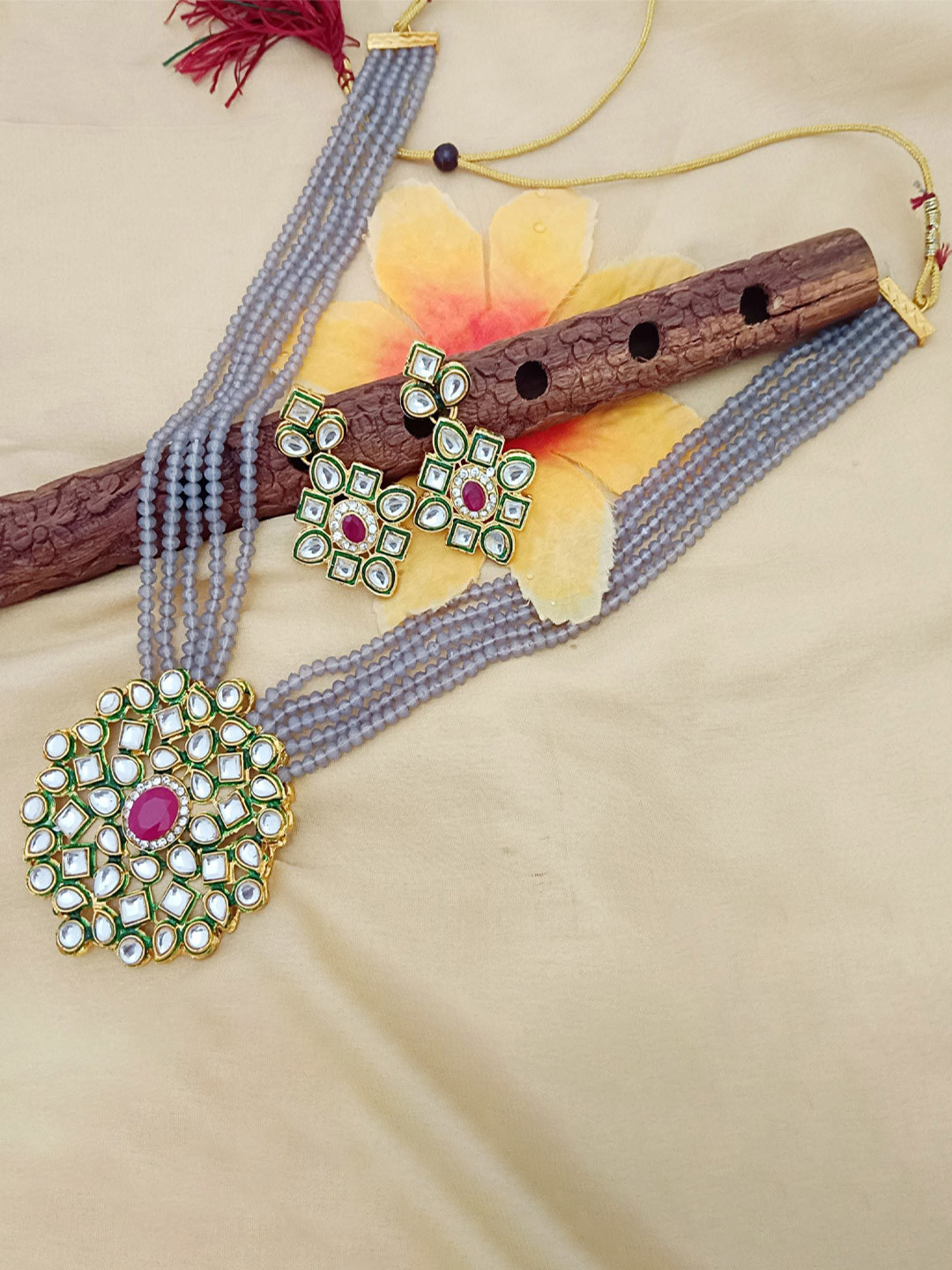 EVY Gold-Plated Kundan Studded And Artifical Beaded Raani Haar Jewellery Set