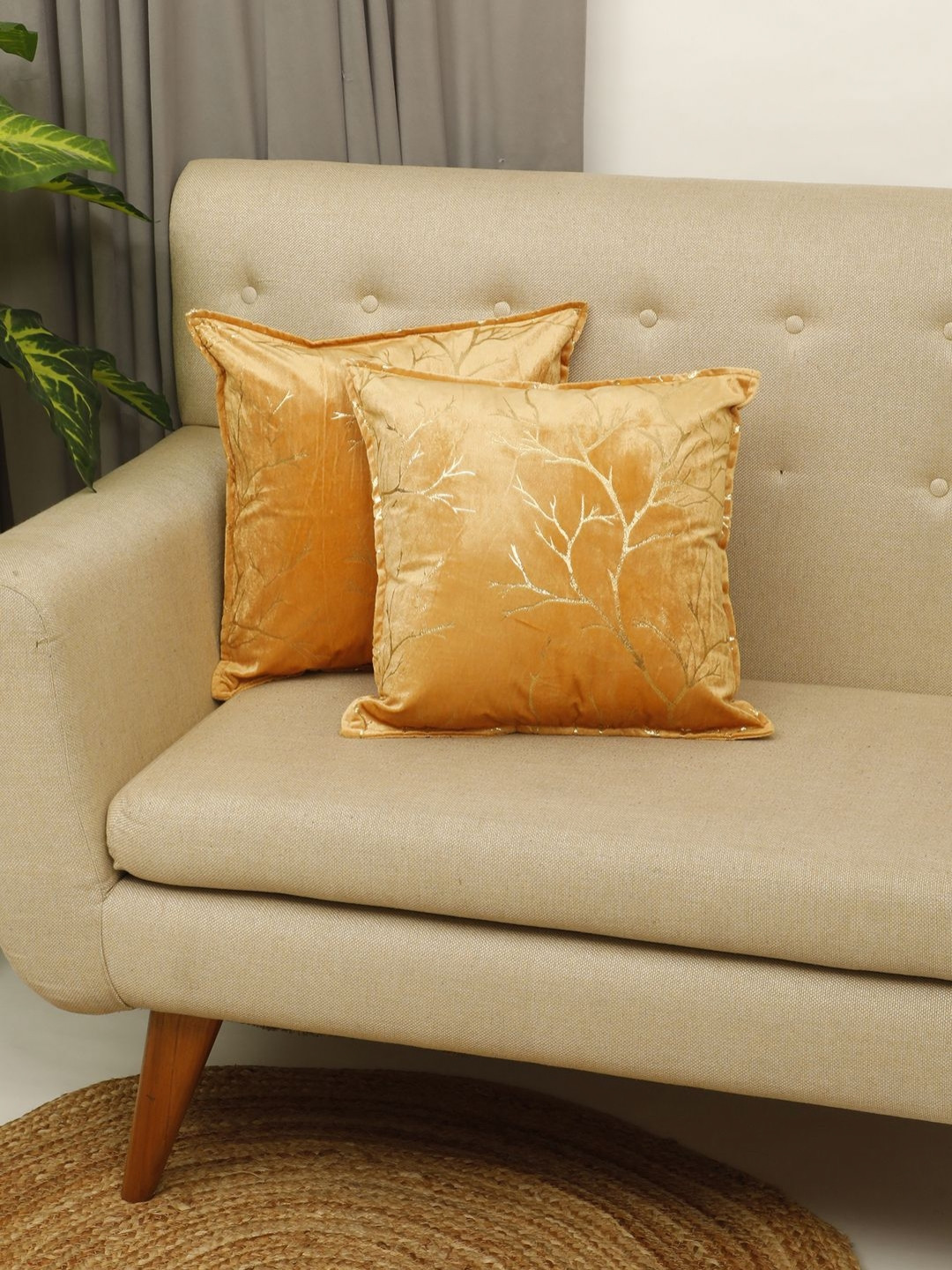 THE CONVERSION Gold Floral Velvet Fade Resistant 2 Piece Square Cushion Covers -18x18In
