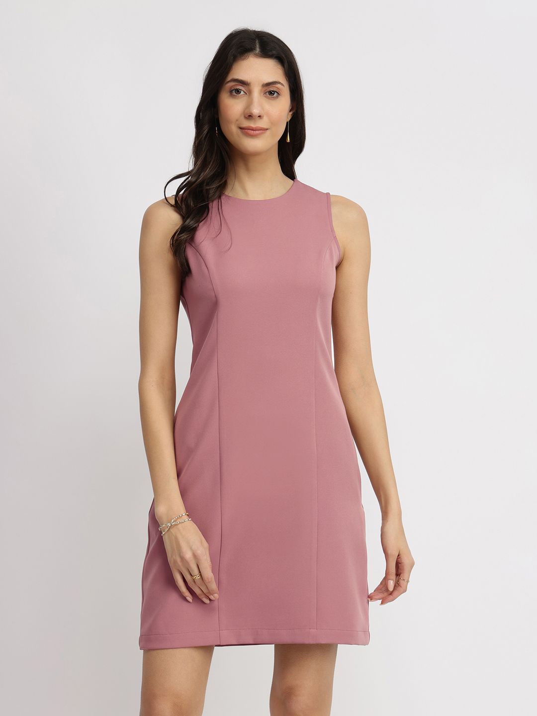 FableStreet Crew Neck Shift Women Dress - Dusty Pink