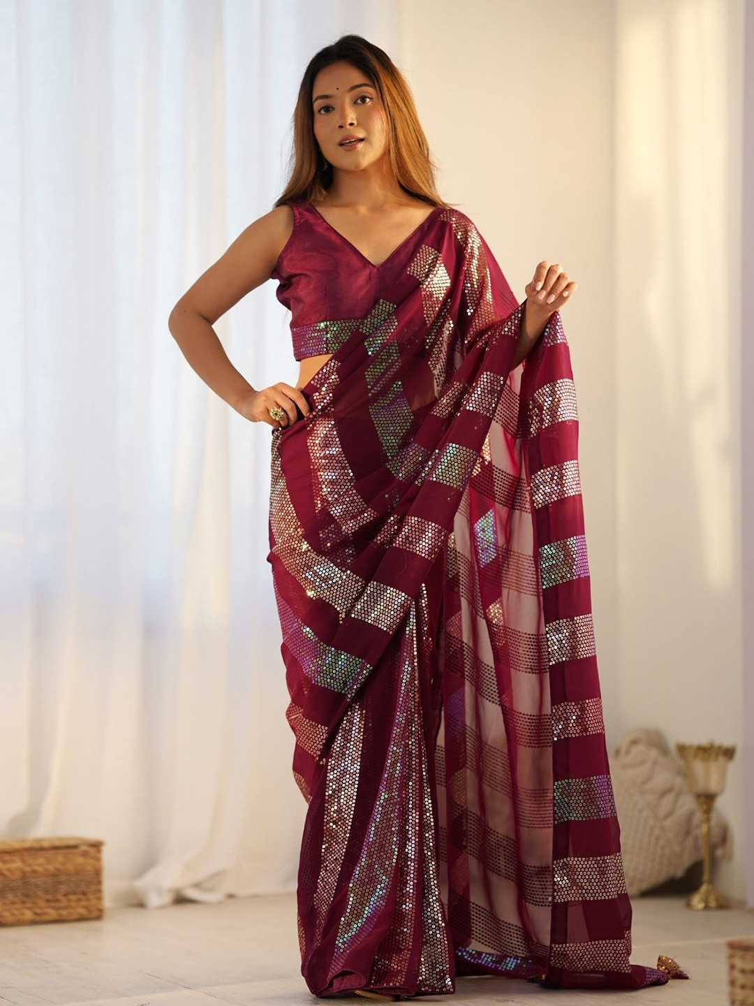 ODETTE Maroon Georgette Embellished Saree With Unstitched Blouse For Women