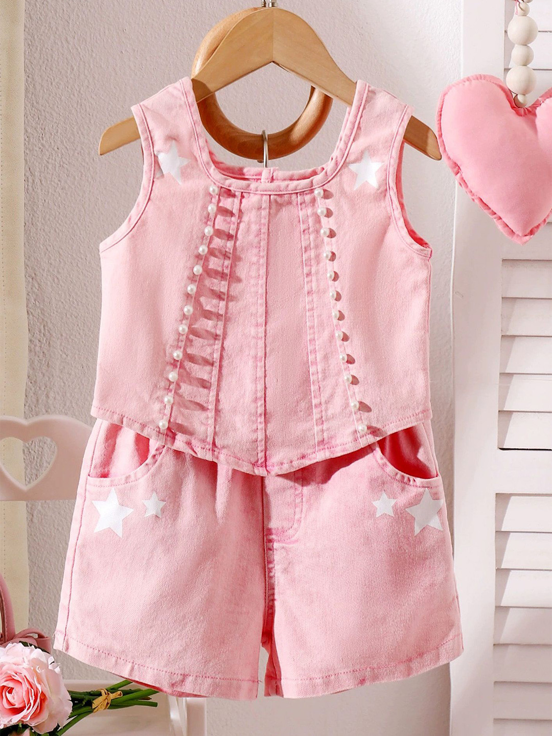 LULU & SKY Girls Imitation Pearl Vest Top With Shorts