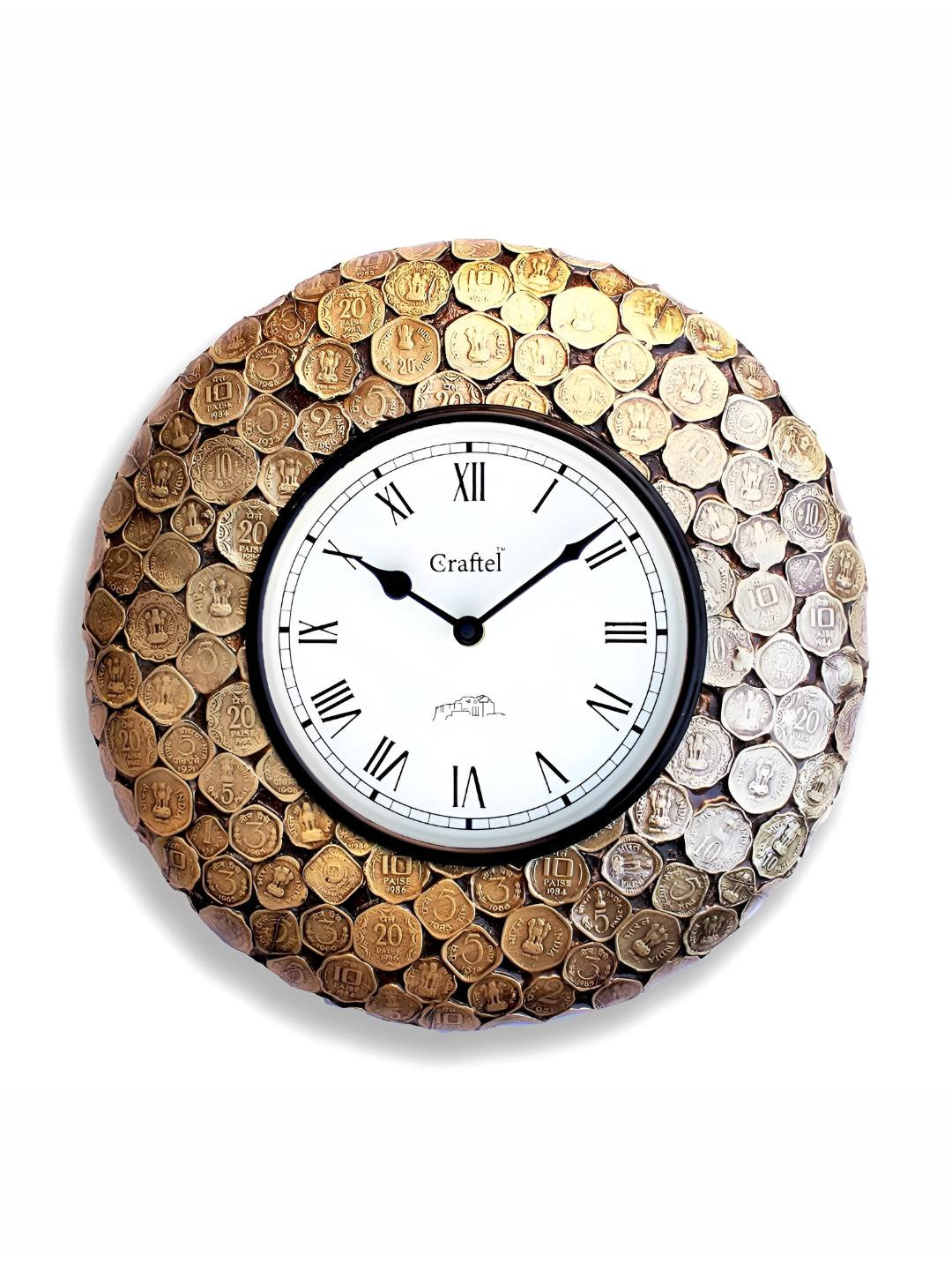 CRAFTEL Gold-Toned Textured Analogue Metal Round Contemporary Antique Wall Clock