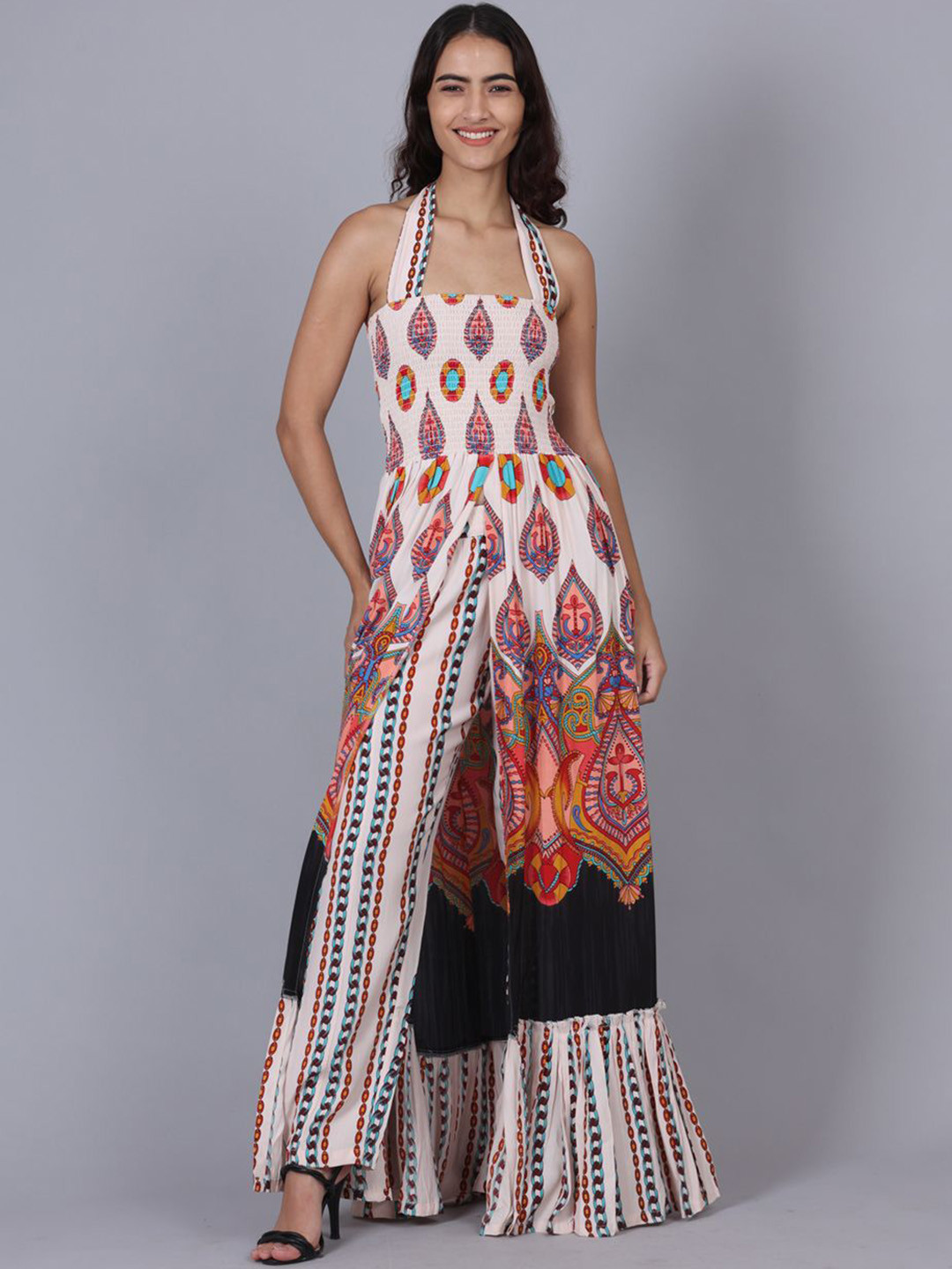 POPPIES LANE Black Pink And White Long Bobbin Plus Pant Anchor Print Dress