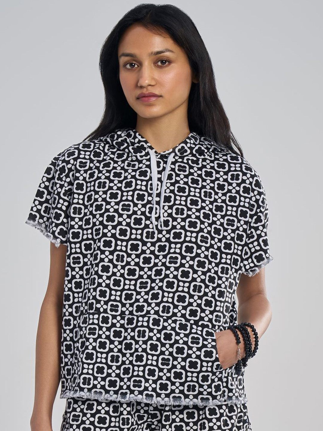 Terra Luna Geometric Print Mandarin Collar Cotton Top