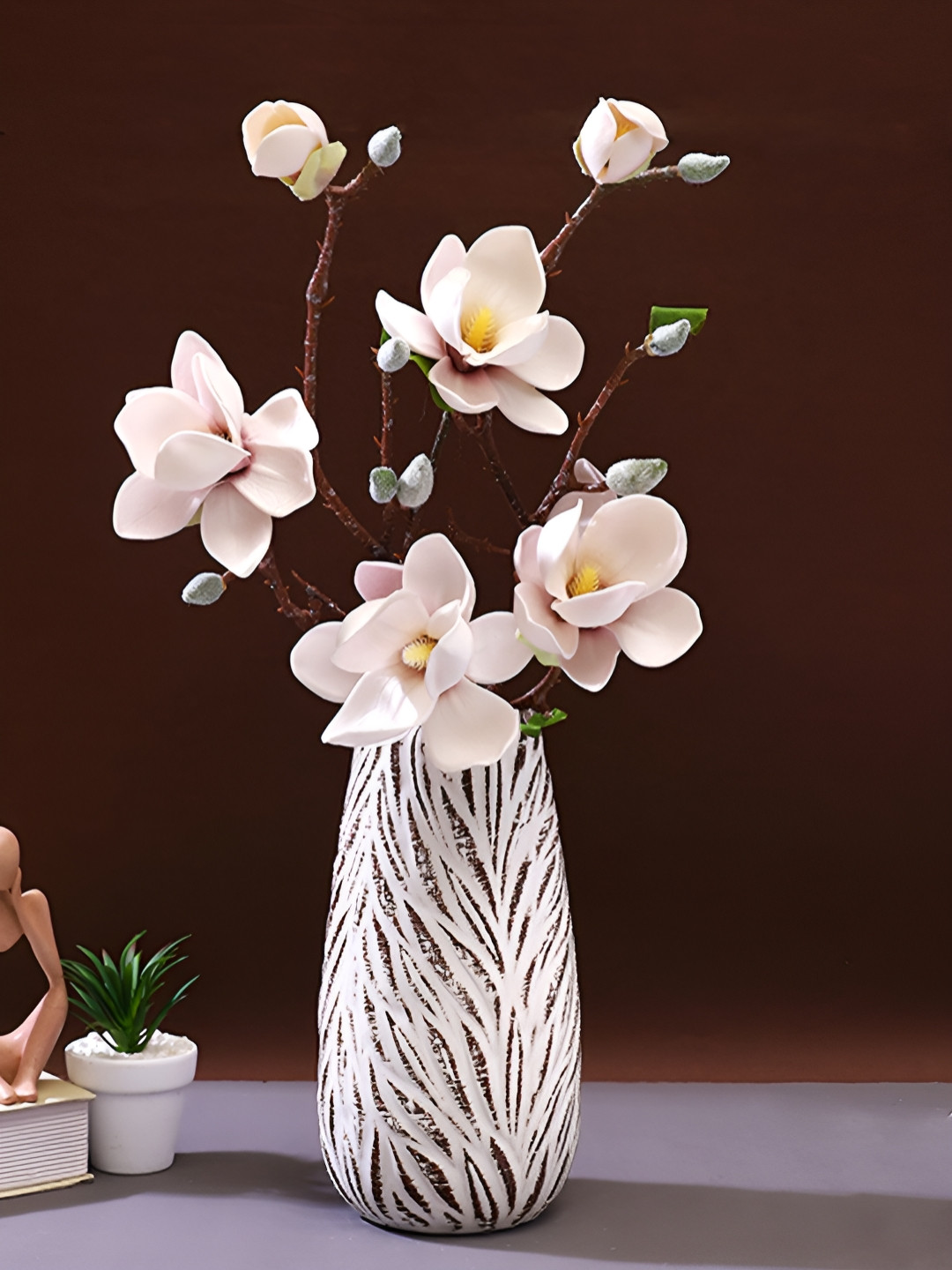TAYHAA Pink And White 2 Pieces Magnolia Blossom Artificial Flowers With Pot