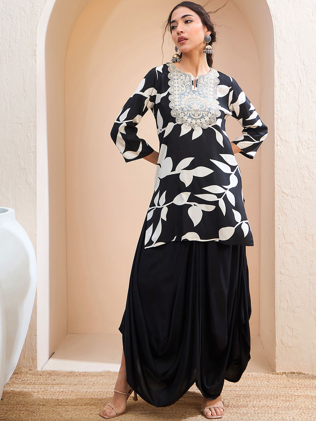 Shae by SASSAFRAS Floral Printed Patchwork Straight Kurti with Dhoti Pants