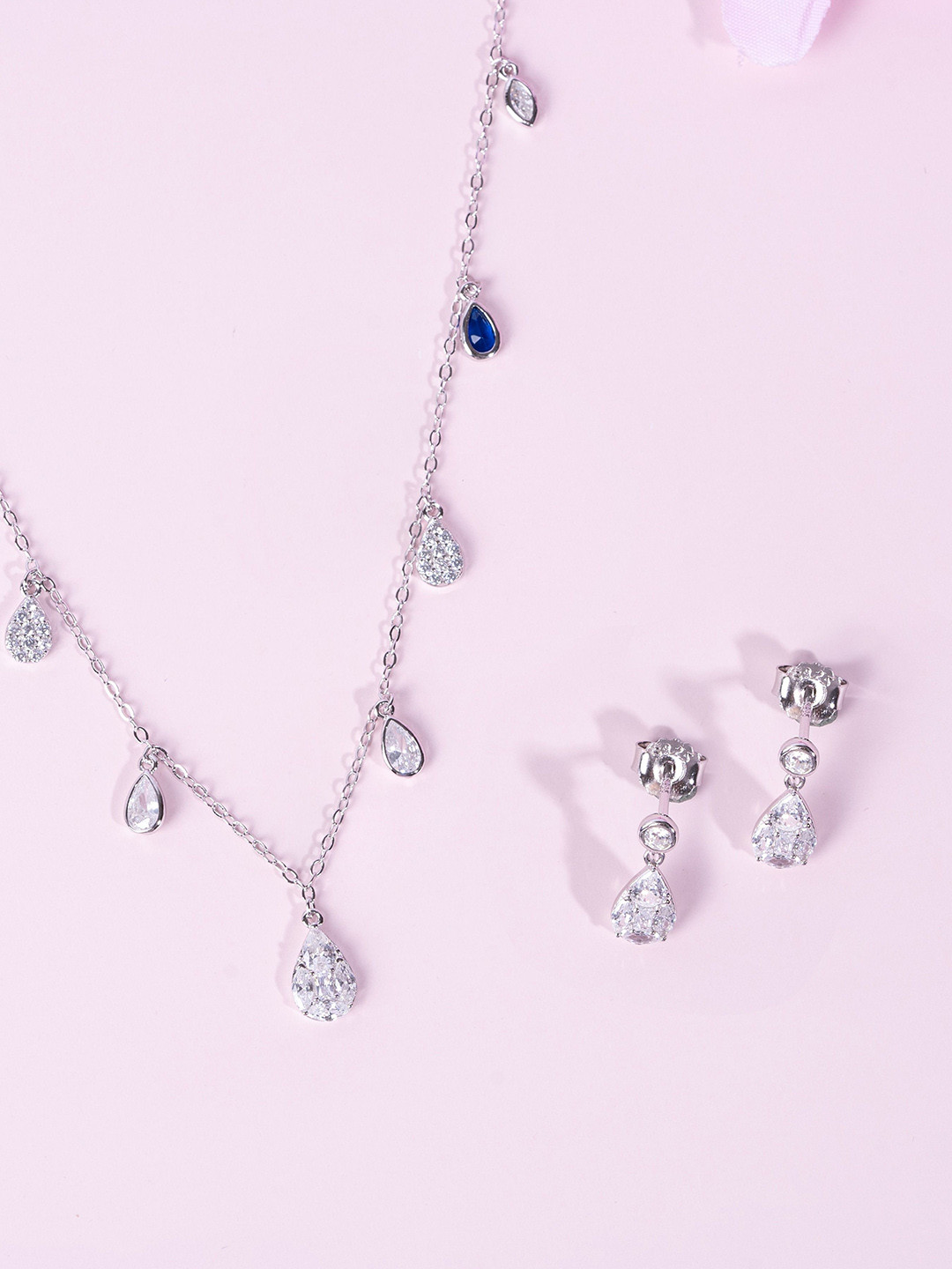 GLYTERS 925 Sterling Silver Rhodium-Plated Artificial Stone-Studded Raindrop Jewellery Set