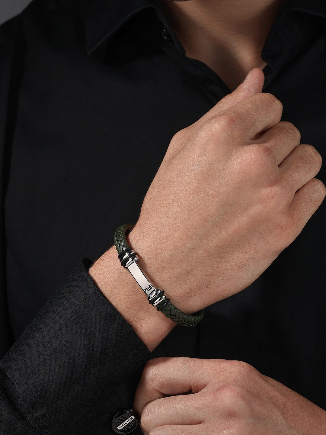 Police Highbridge Men Stainless Steel Wraparound Leather Bracelet