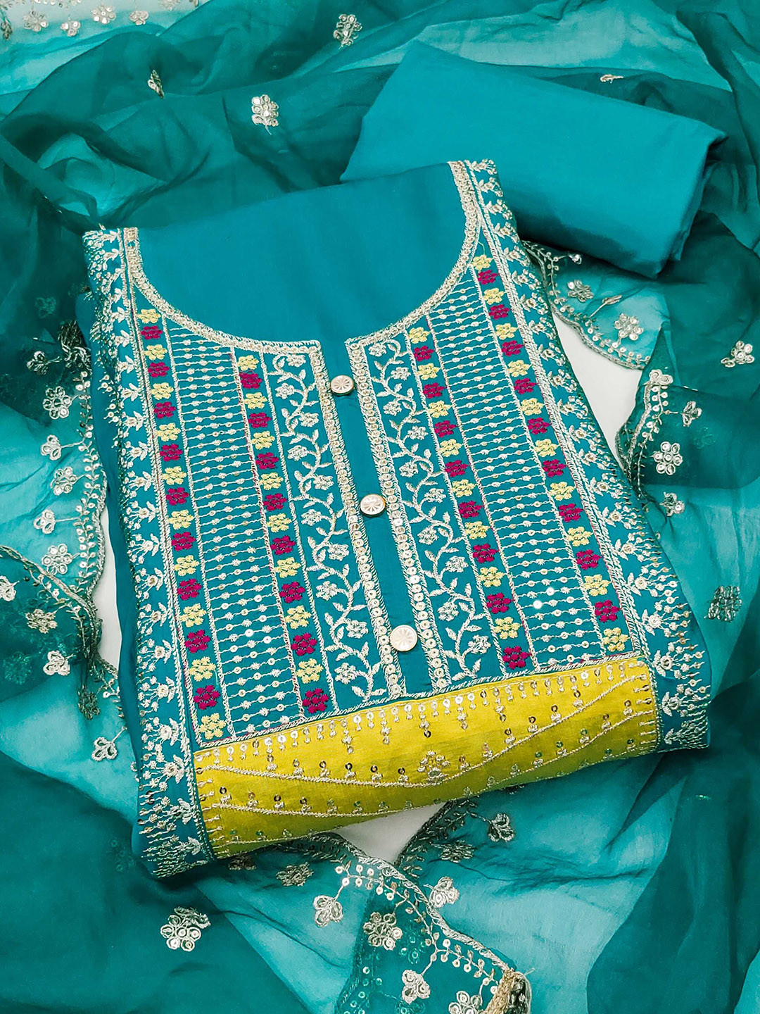 SAINOOR Floral Embroidered Sequined Roman Cotton Silk Semi-Stitched Dress Material