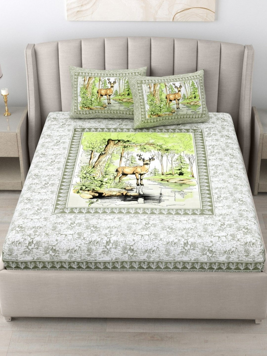 BED-SHEET.COM Lime Green & White Floral Printed 180 TC Cotton King Bedsheet Set