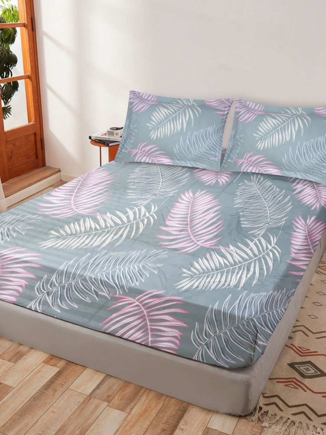 Crest Innovative Lives Pixel Grey Leaf Cotton 300 TC King Fine Bedsheet with 2 Pillow Covers-91 x 87 inches