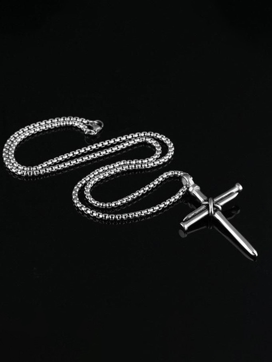 shobhram Men Stainless Steel Rhodium-Plated Jesus Cross Shaped Pendant With Chain