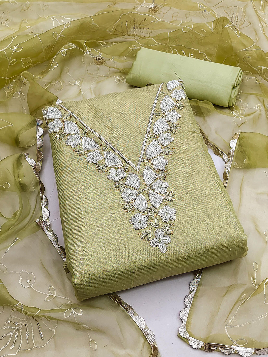 SAINOOR Floral Beads And Stones Semi-Stitched Dress Material