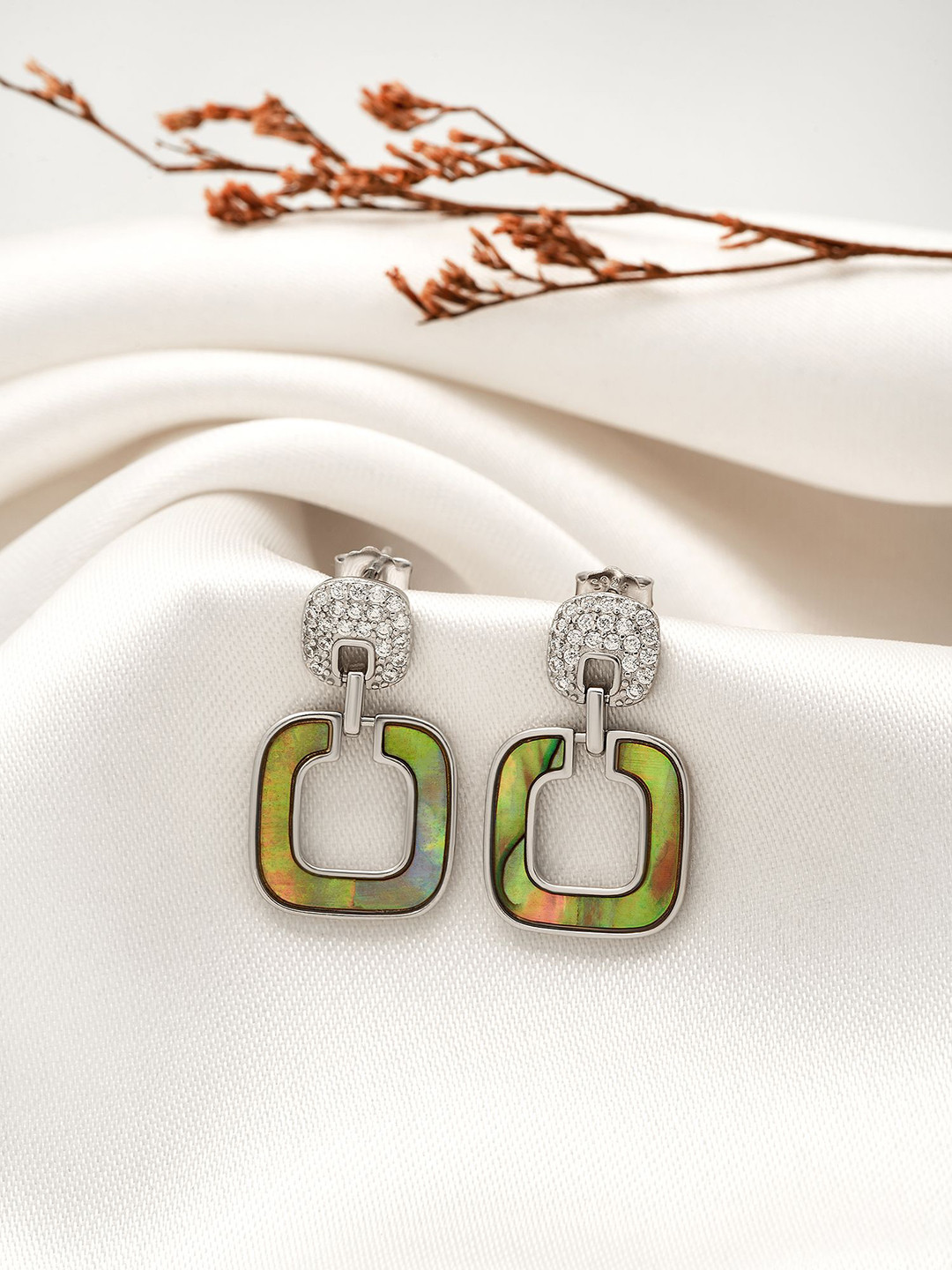 SILBERRY 925 Sterling Silver Rhodium-Plated CZ Studded Square Hanging Drop Earrings