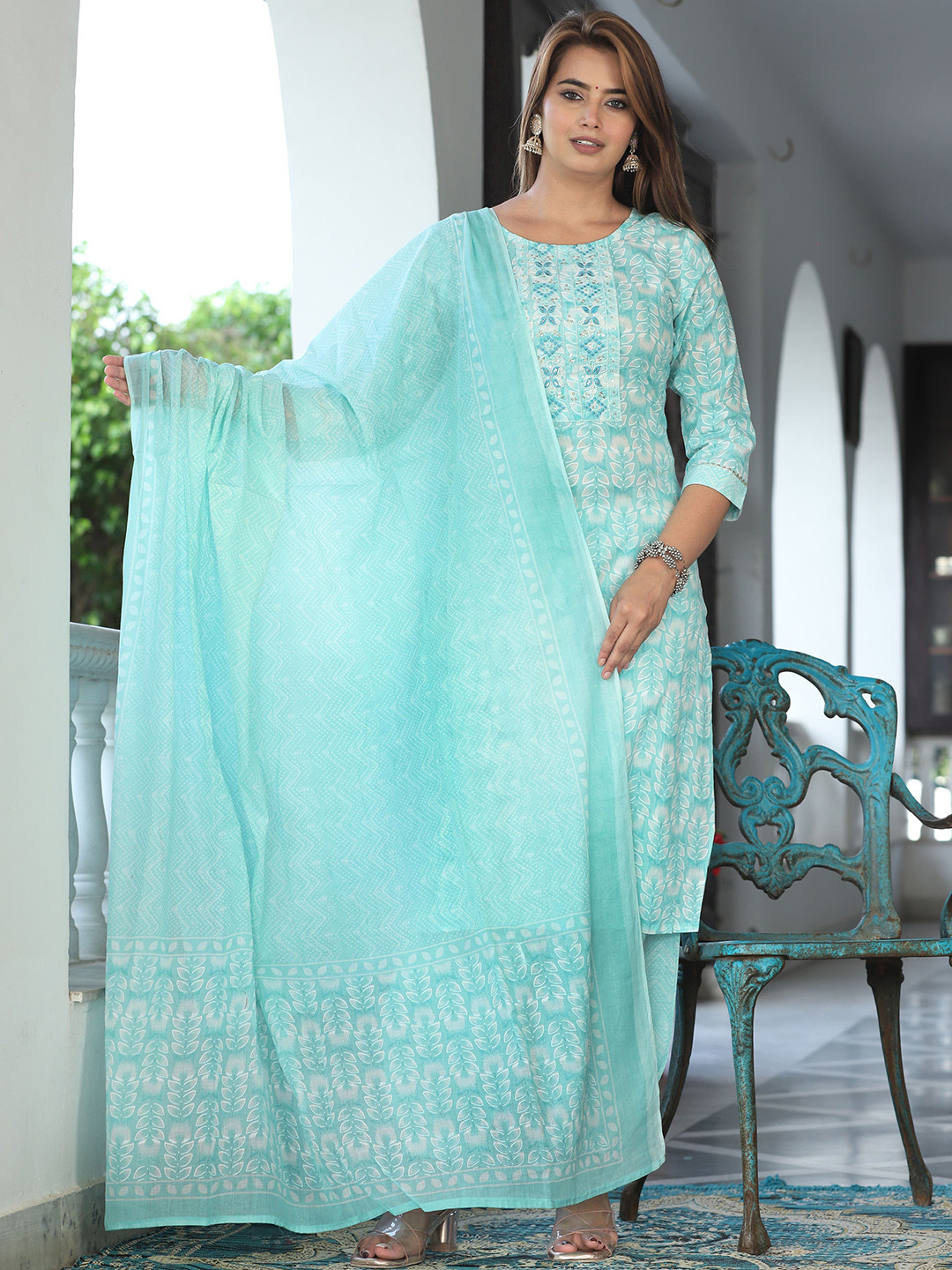 RI AND SU Paisley Embroidered Round Neck Pure Cotton Straight Kurta With Salwar & Dupatta