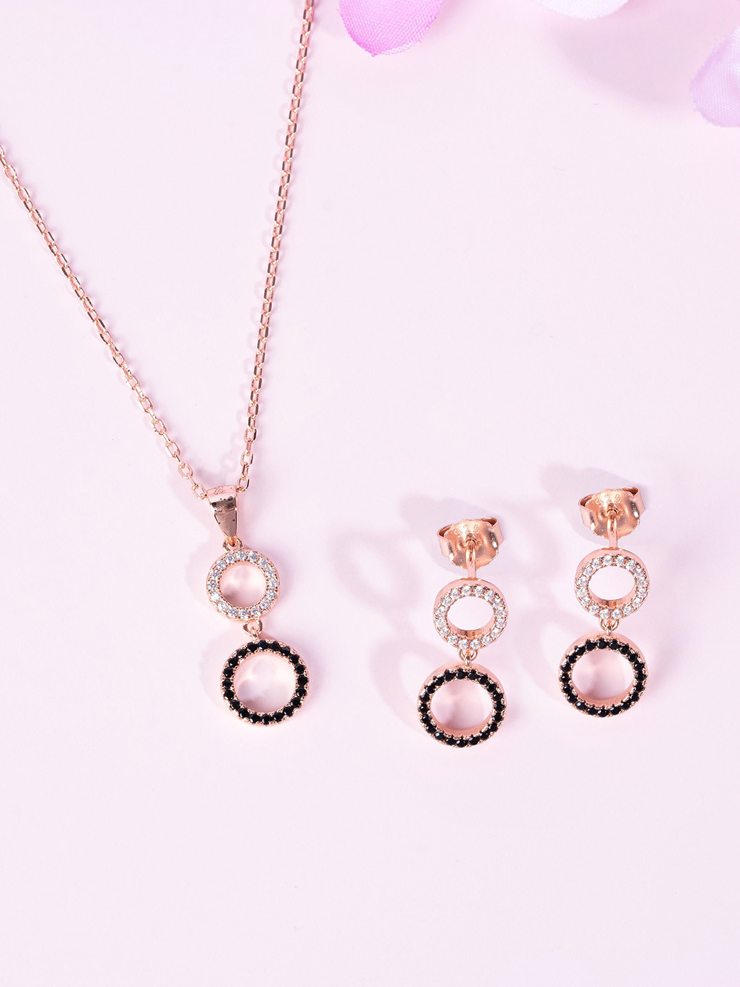 GLYTERS 925 Sterling Silver Rose Gold-Plated Stone-Studded Eclipse Charm Jewellery Set