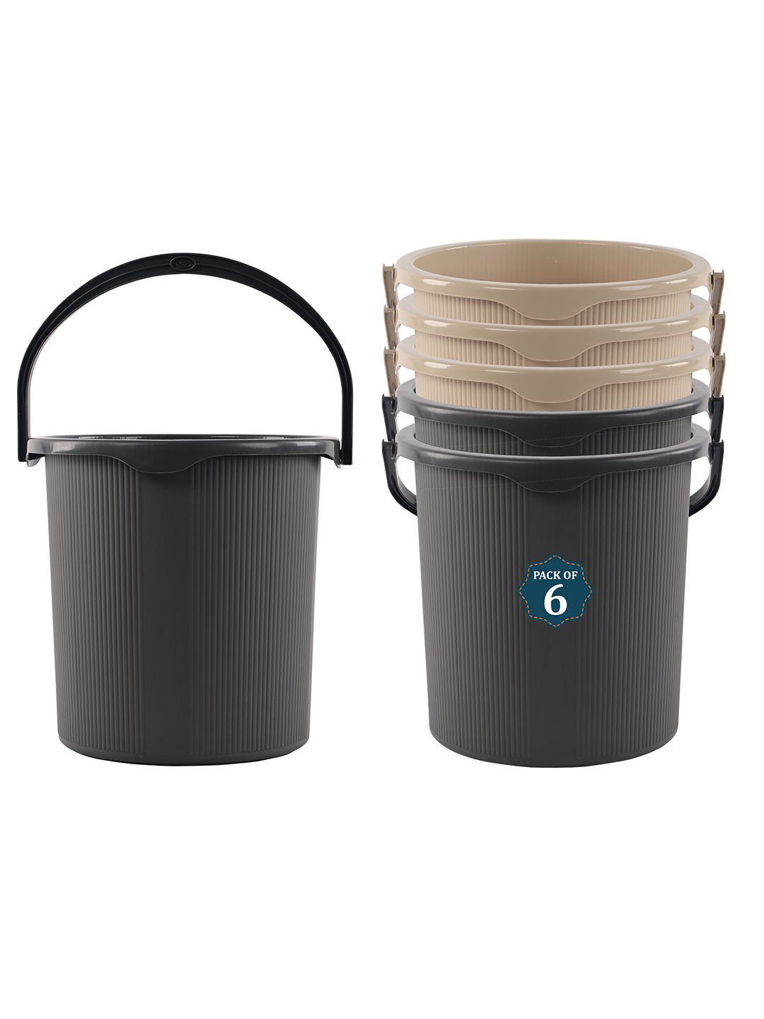 Kuber Industries Magnite Grey & Cream-Coloured 6 Pieces Striped Bucket 25L