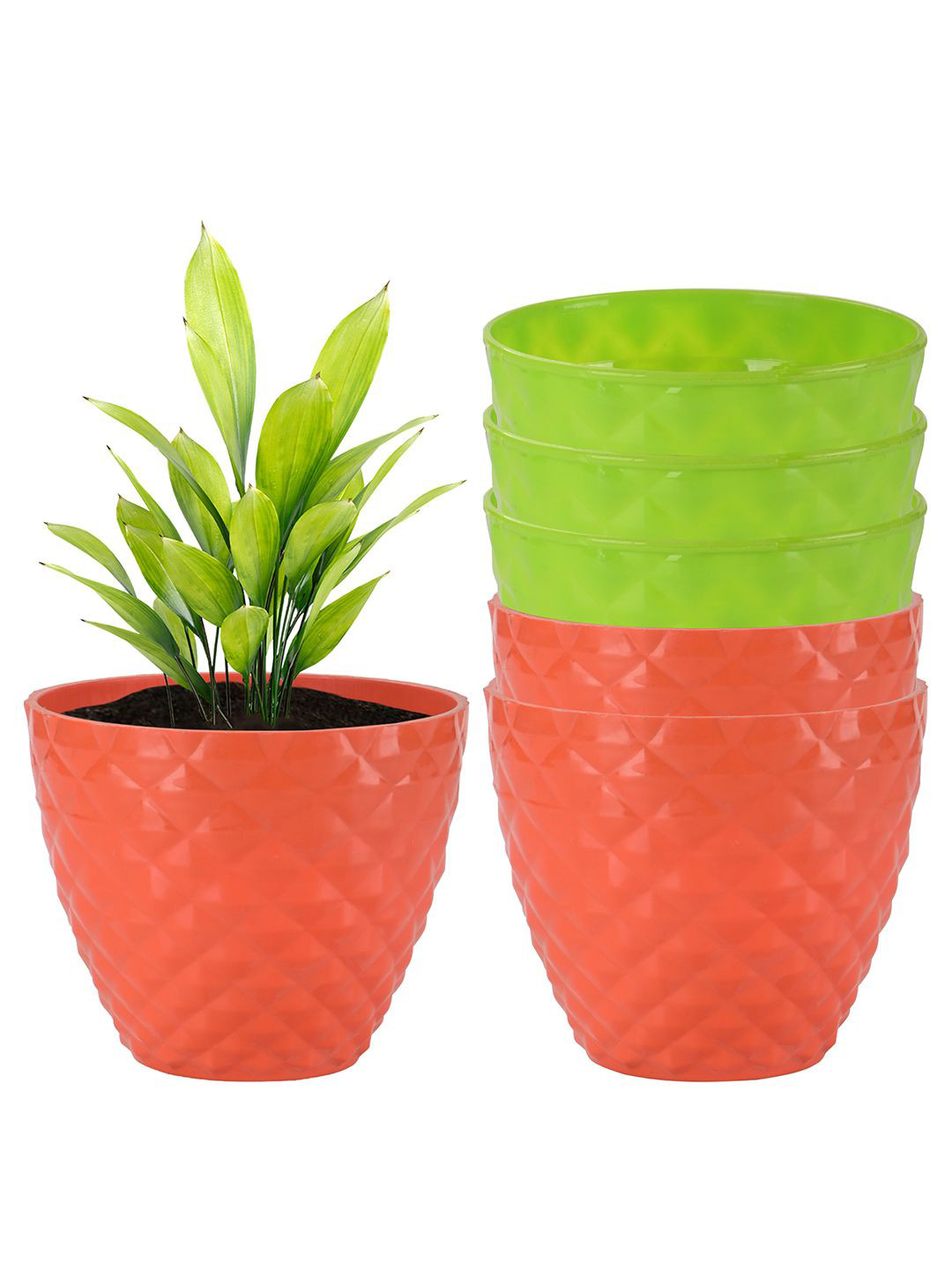 Kuber Industries Green & Orange 6 Pieces Diamond Pattern Durable Planters