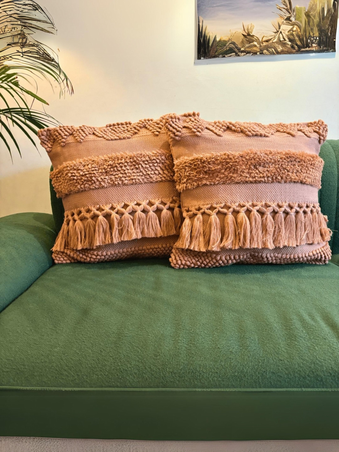 LUSHLYF Peach 2 Pieces Geometric Textured Cotton Square Tufted Delight Cushion Covers