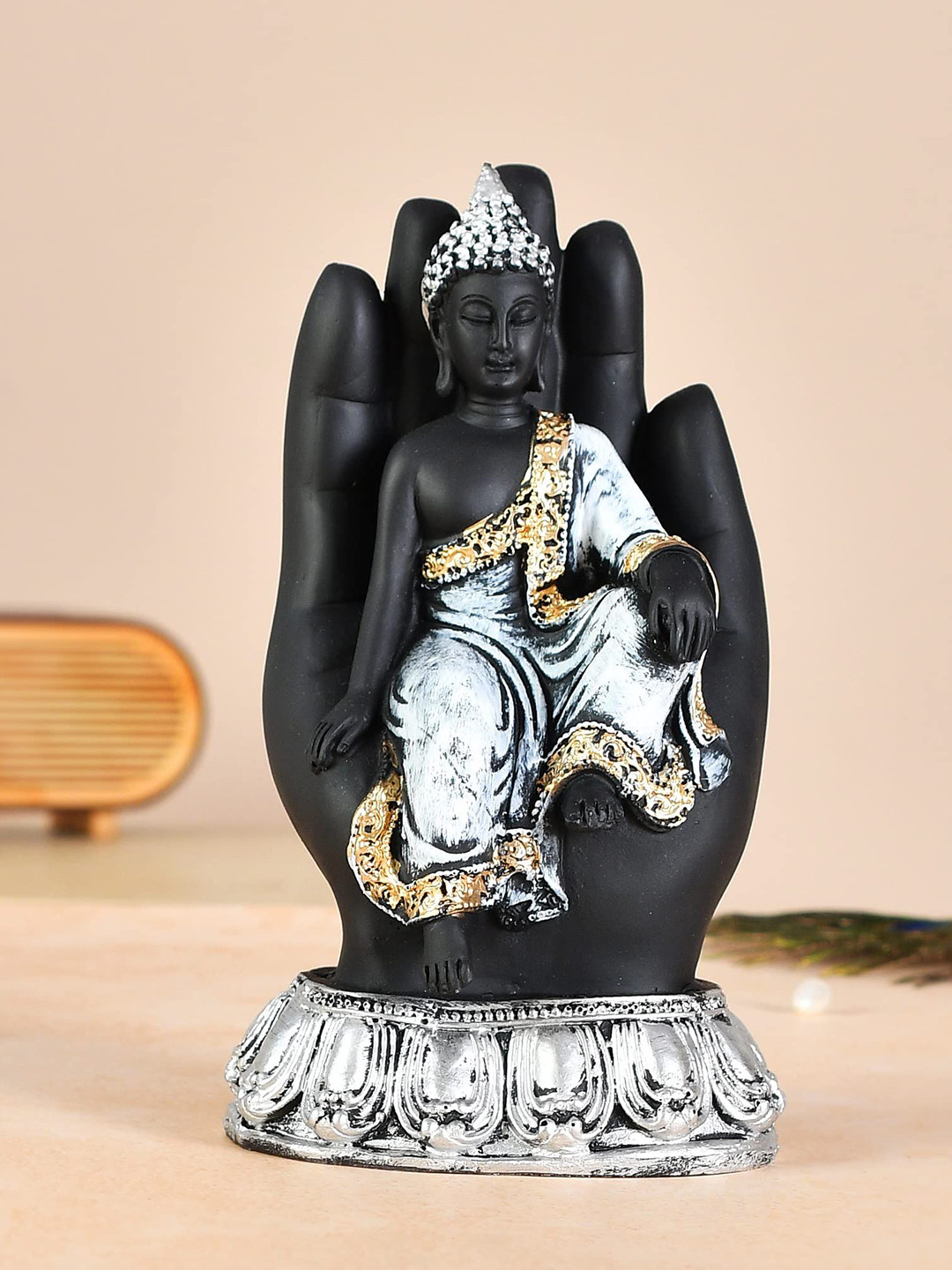 CRAFTAM Black and Silver-Toned Palm Buddha Idol Showpiece