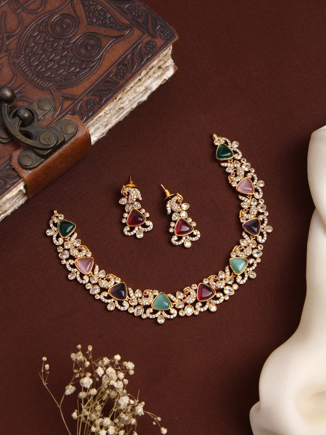 Kattam Gold Plated Megna Peacock Multistone Choker