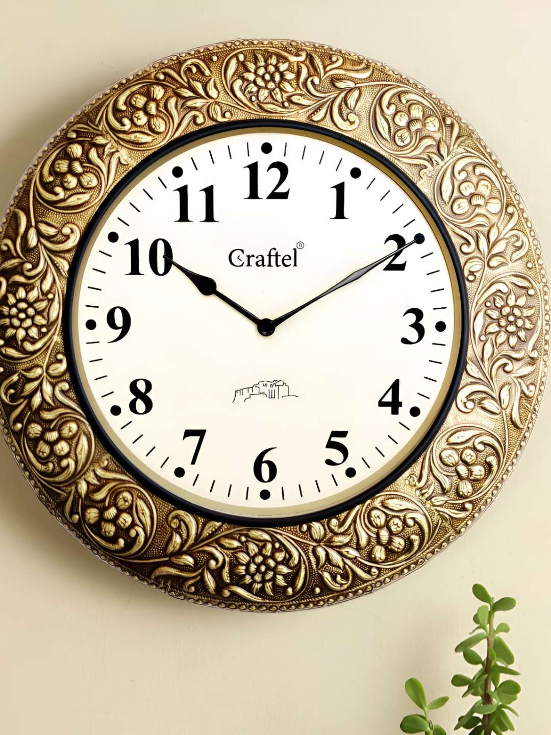 CRAFTEL Gold-Toned Floral Textured Analogue Metal Round Contemporary Antique Wall Clock