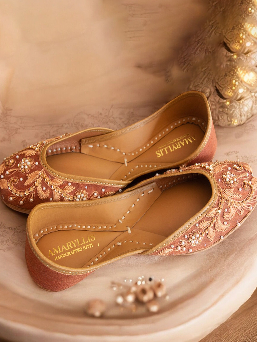 Amaryllis for her Women Brown-Coloured Embellished Ethnic Mojaris Flats