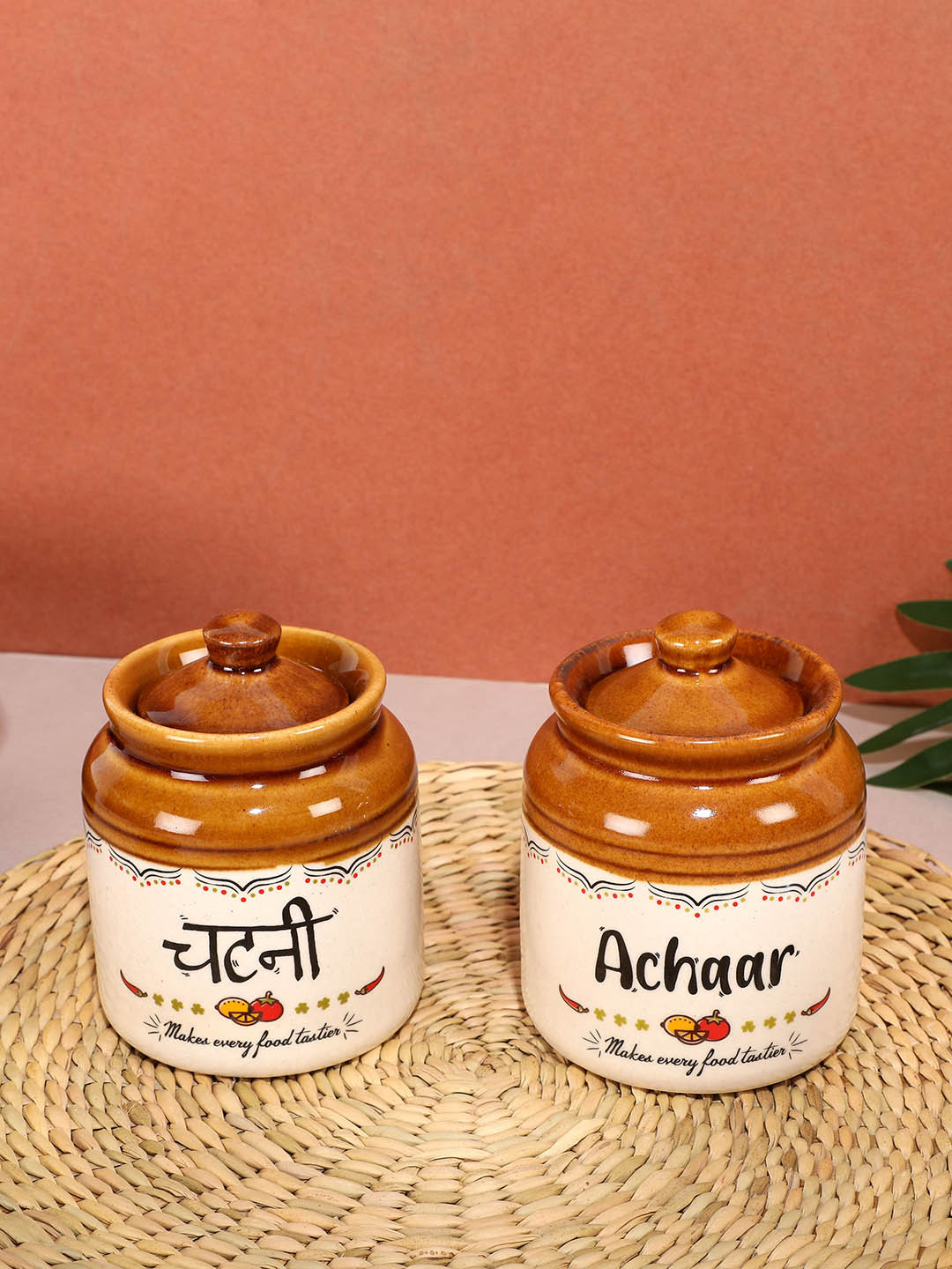 Ek Do Dhai White Typography Stoneware Dishwasher Safe 2 Piece Screw Top Canister-300ml