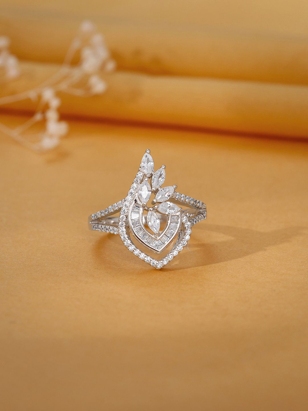 GIVA 925 Sterling Silver Rhodium Plated Cubic Zirconia Studded Wing It Ring