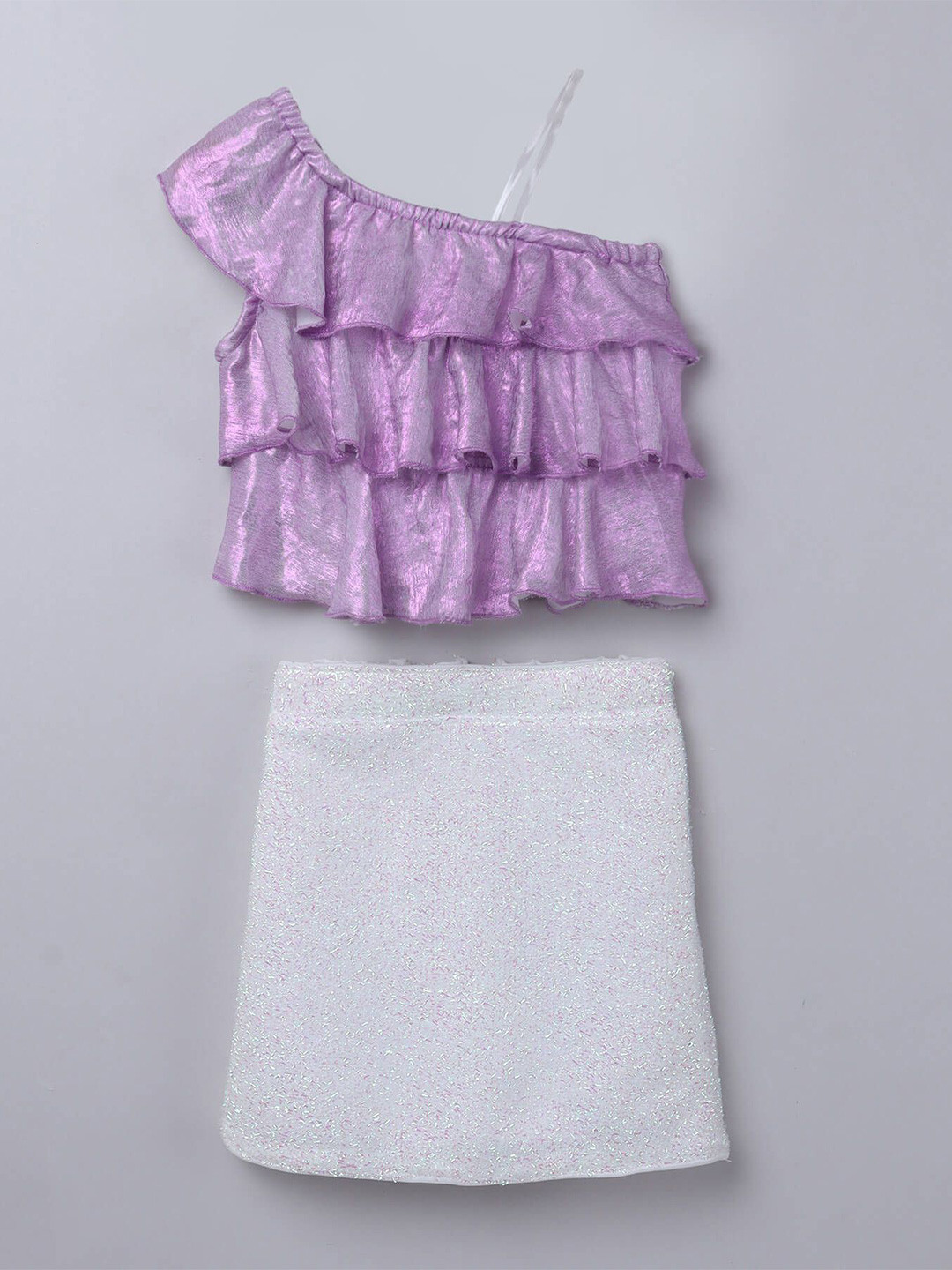 taffykids Girls Foil Printed One Shoulder Ruffle Metallic Crop Top With Skirt