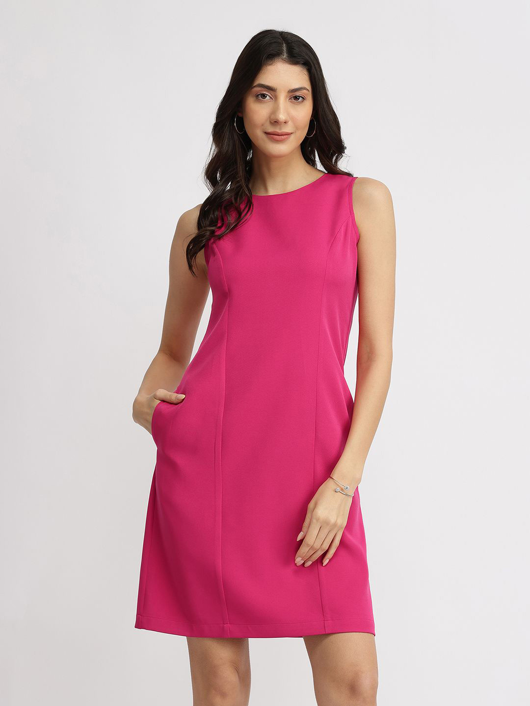 FableStreet Women Crew Neck Shift Dress Fuchsia Pink