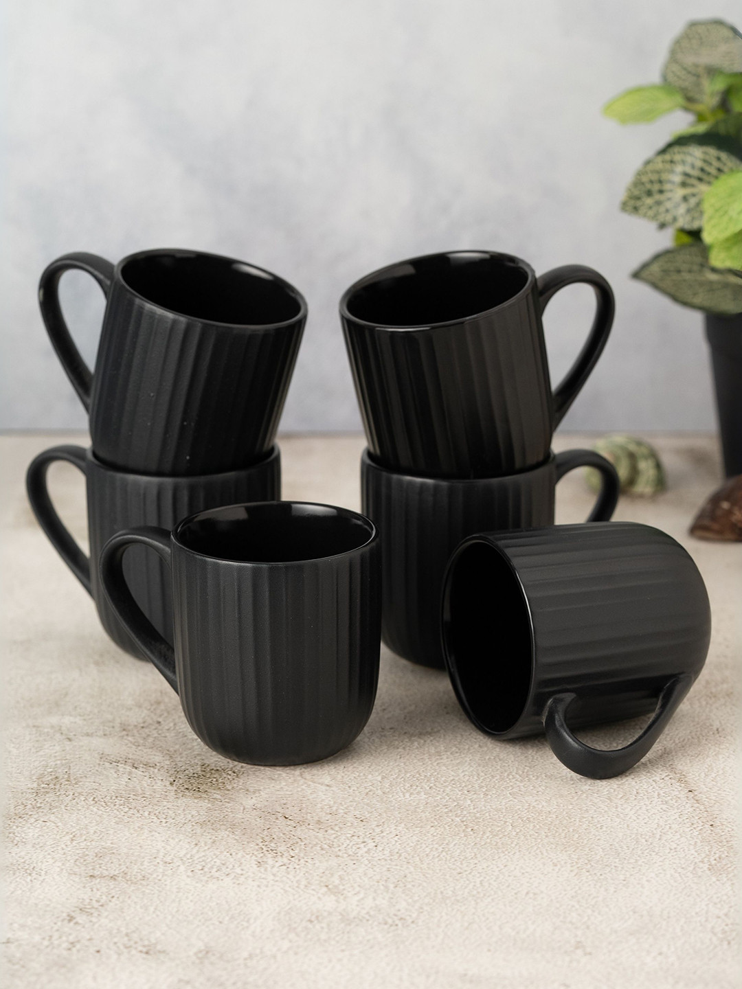 Clay Craft Fine Ceramic Linea Black Coffee Mugs Set Of 6, Cups For Tea & Coffee, Mugs Set