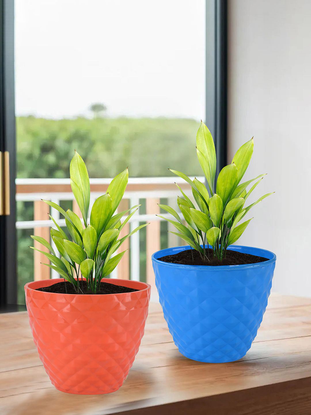 Kuber Industries Orange Colored & Blue 2 Pieces Diamond Pattern Durable Planters