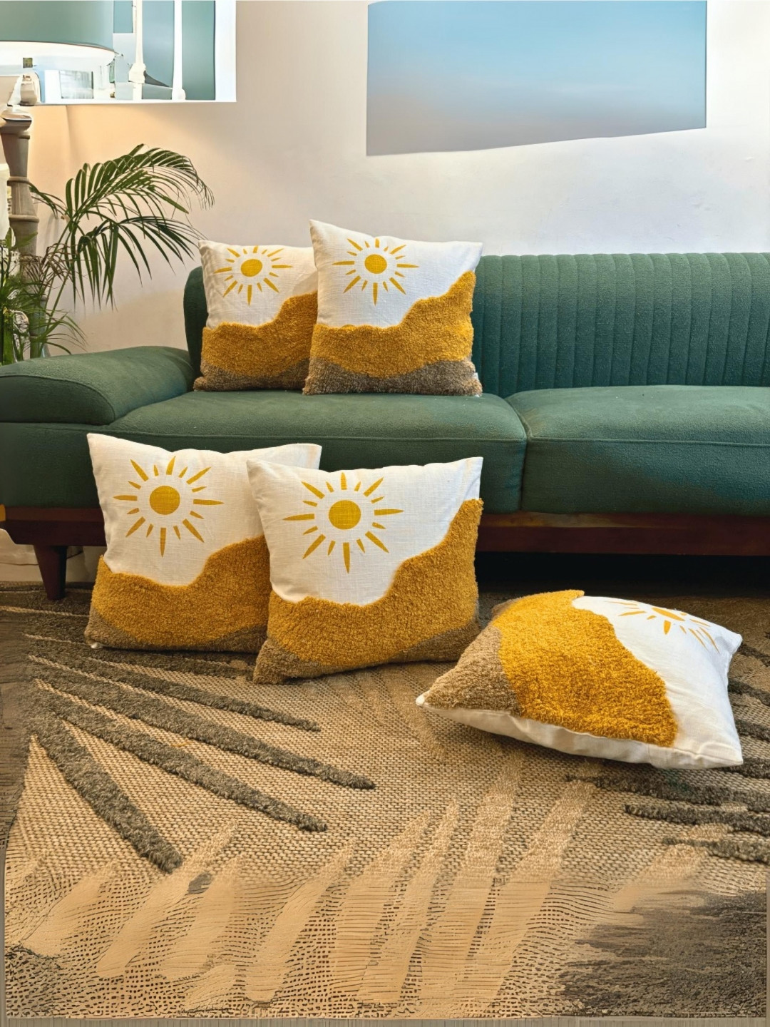 LUSHLYF White 5 Pieces Embroidered Textured Cotton Sunny Horizon Square Cushion Covers