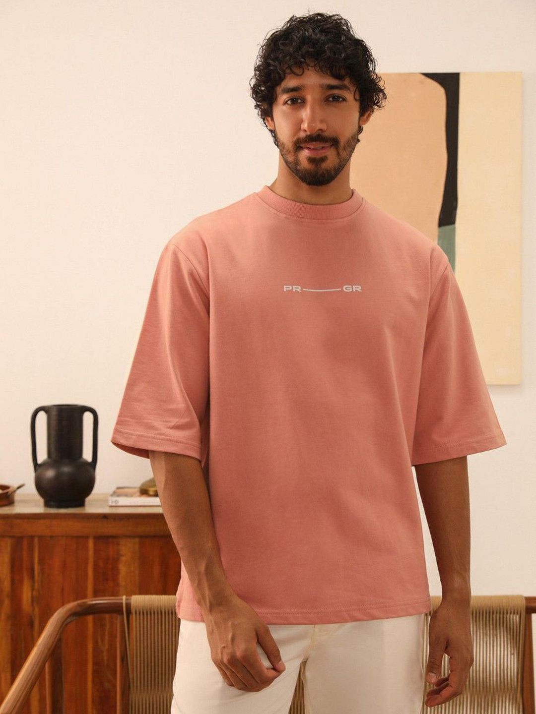 PRIMAL GRAY Men Typography Printed Round Neck Cotton Oversized T-shirt