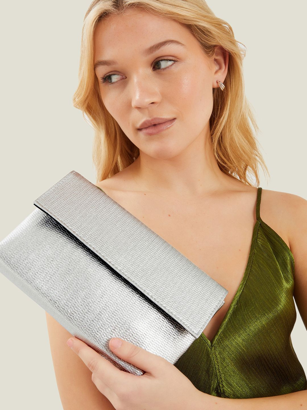 Accessorize Women Metallic Fold-Over Clutch Bag Silver