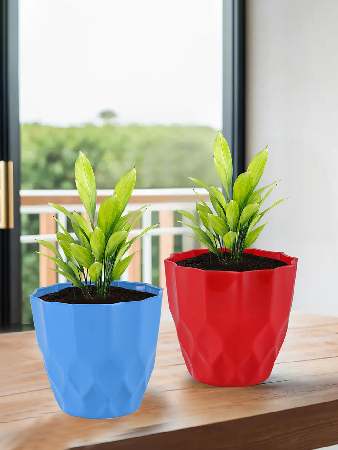 Kuber Industries Blue & Red 6 Pieces Barfi Pattern Durable Plastic Planters