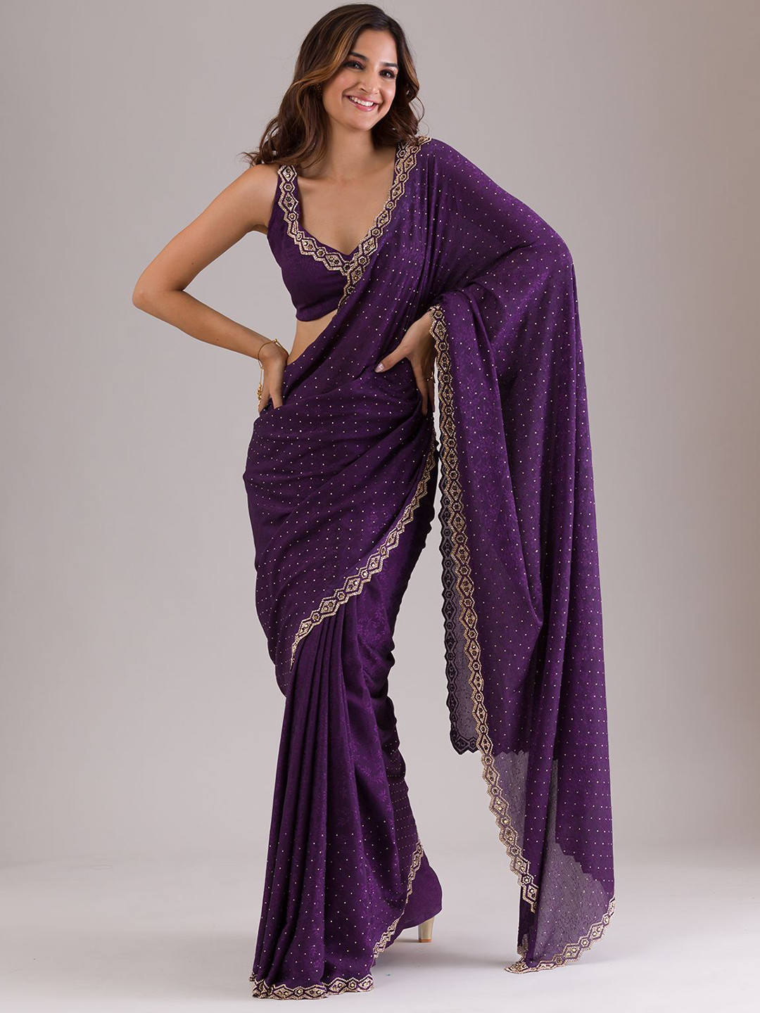 Koskii Purple Stonework Semi Crepe Saree