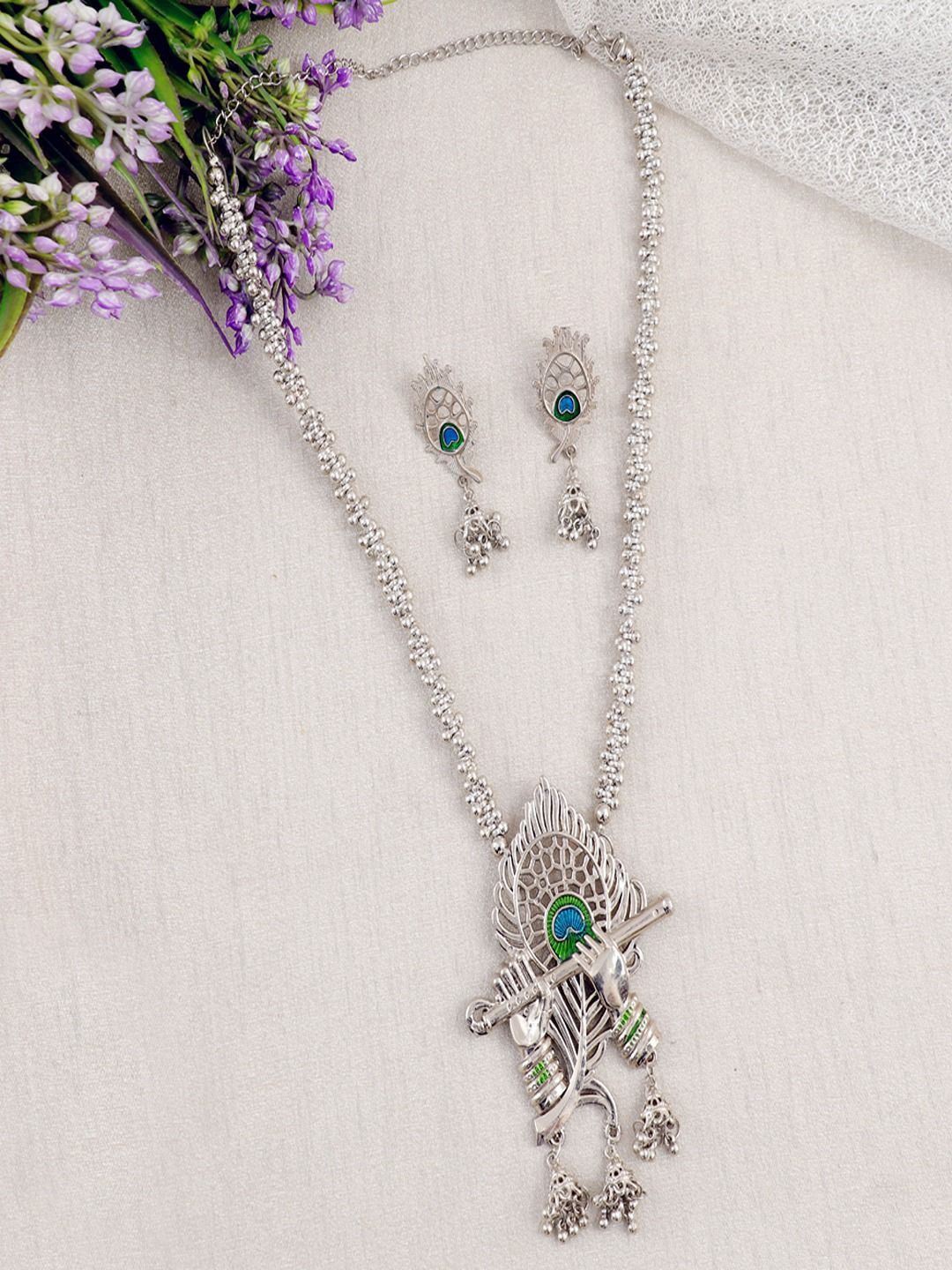 Anouk Silver-Plated Krishna Flute Bansuri Necklace And Earring