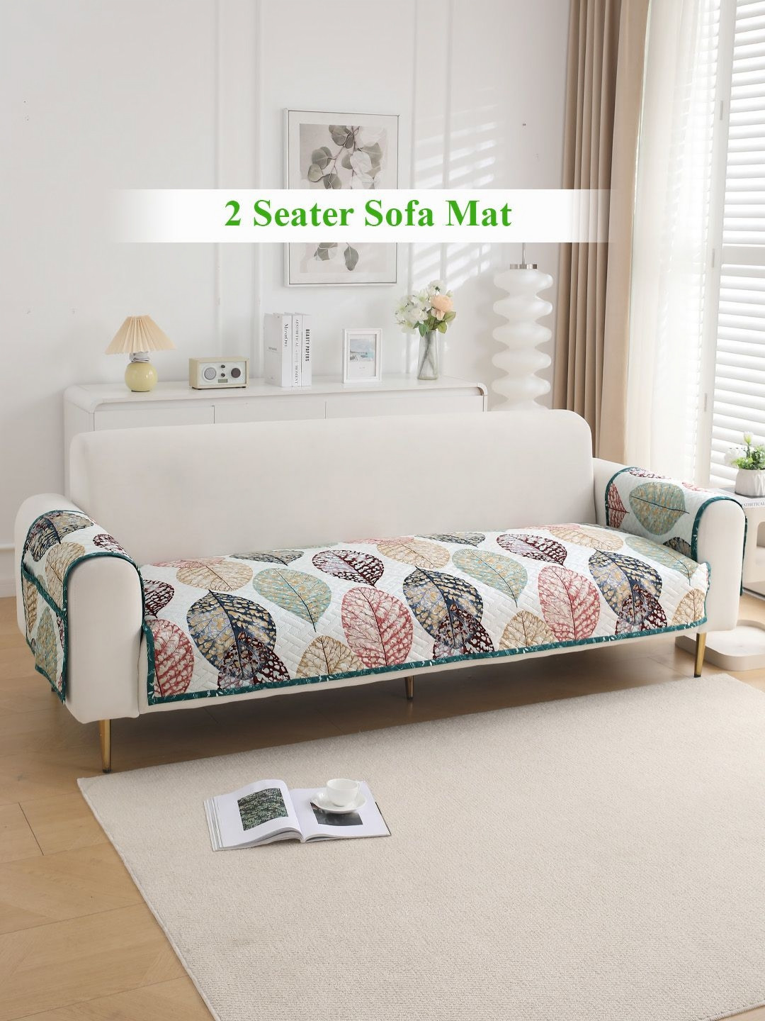 HOKIPO White & Red Quilted Printed 2 Seater Sofa Seat Mat & 2 Armrest Covers with Pockets