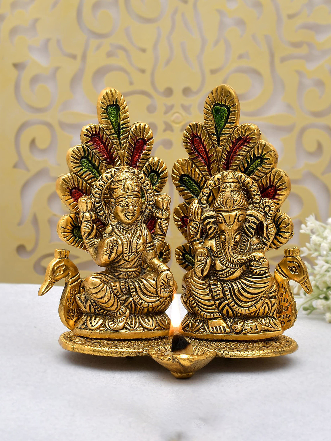 CRAFTAM Gold-Toned Laxmi Ganesh on Peacock Singhashan Idol Showpiece with Diya