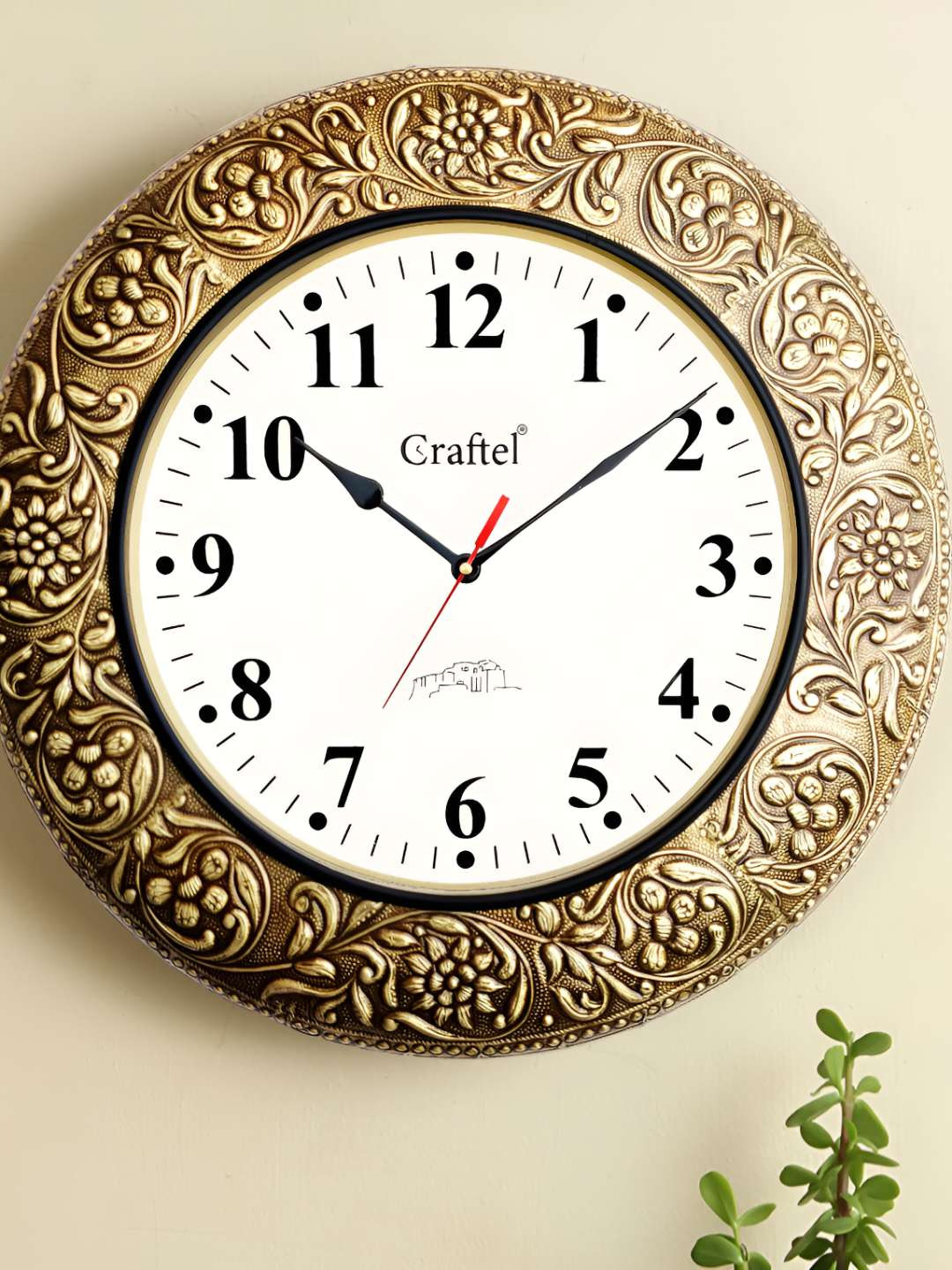 CRAFTEL Gold-Toned Floral Textured Analogue Metal Round Contemporary Roman Wall Clock