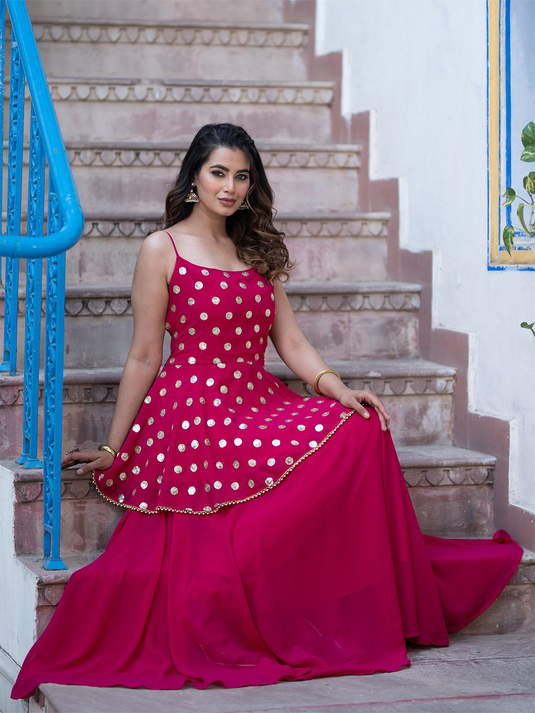 TASRIKA Printed Georgette Beads Work Semi-Stitched Lehenga & Unstitched Blouse