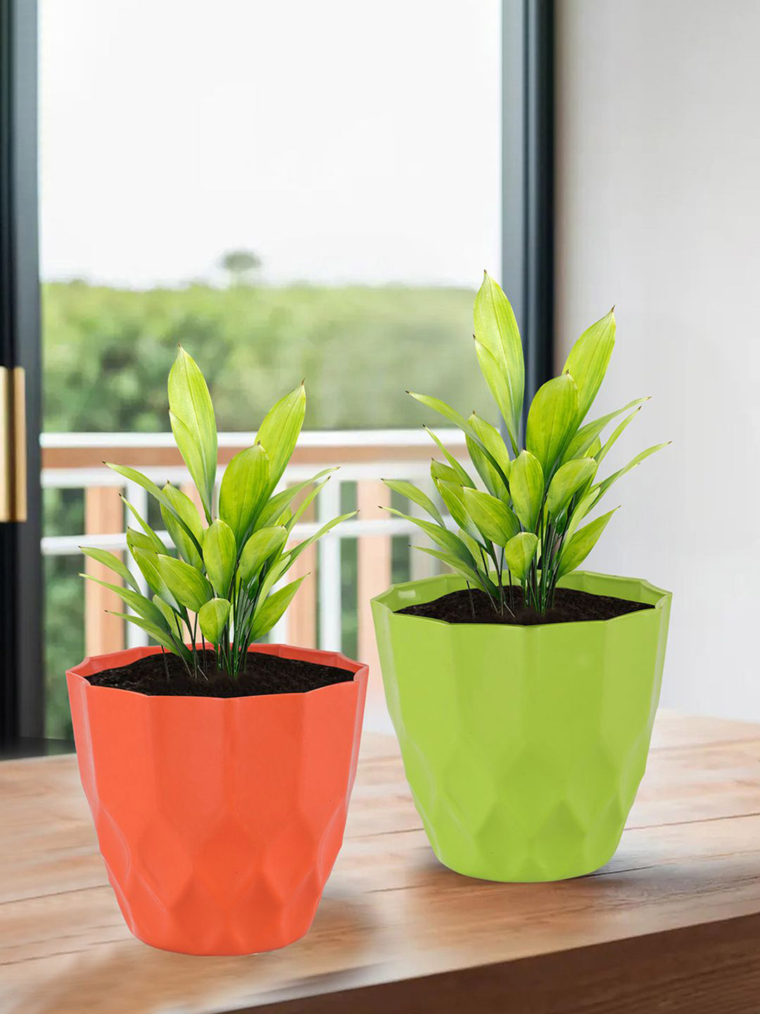Kuber Industries Orange & Green 2 Pieces Barfi Pattern Durable Planters