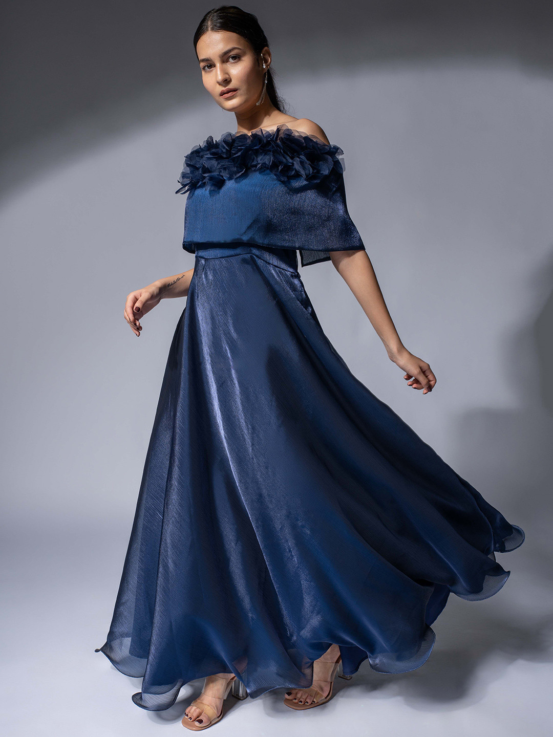 WEAVING CULT Shimmer Organza Maxi Dress With 3D Flower Wrap