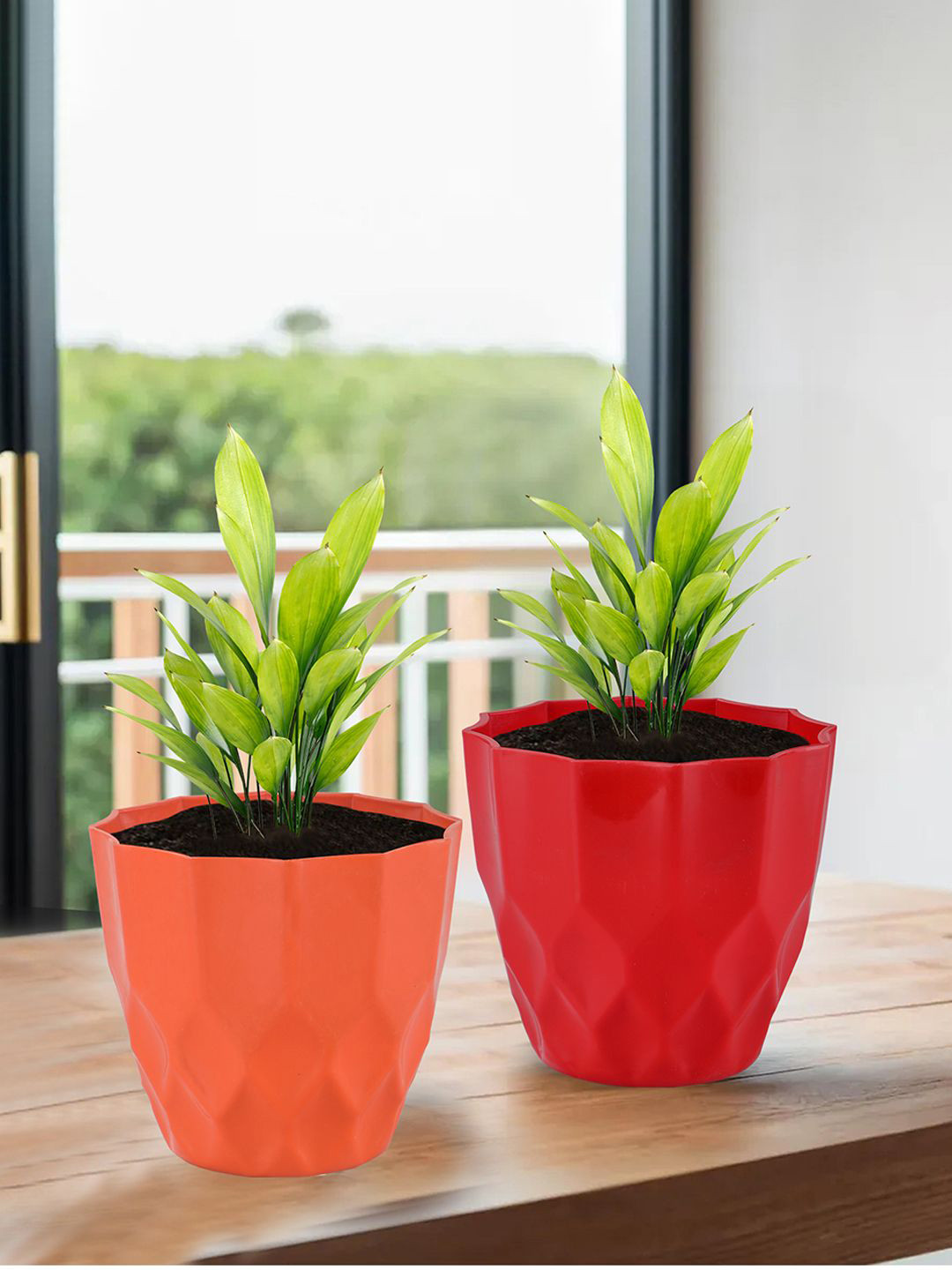 Kuber Industries Orange-Coloured & Red 4 Pieces Barfi Pattern Flower Pots for Garden