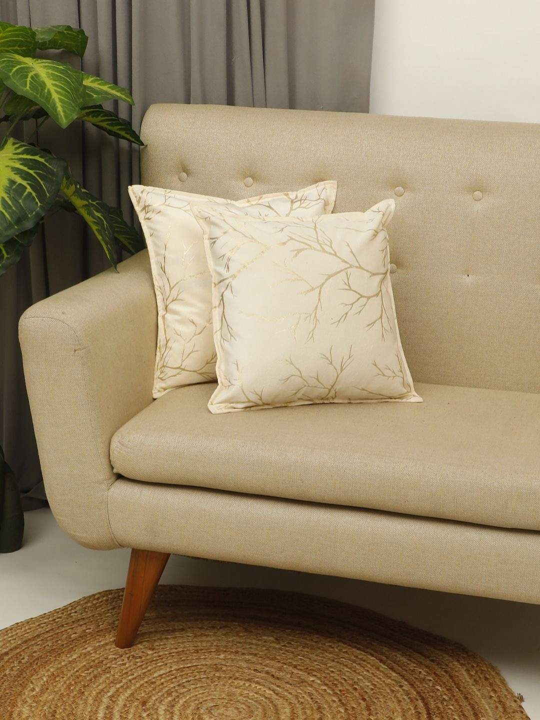 THE CONVERSION Cream Leaf Polyester Silk Fade Resistant 2 Pcs Cushion Covers -16x16In