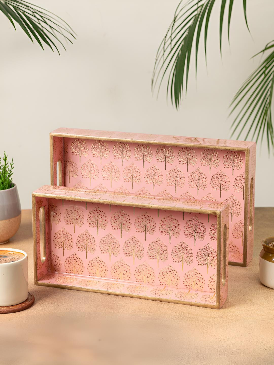 HomeShastra Pink & Yellow 2 Pieces Tree Floral Printed Wooden Serving Trays